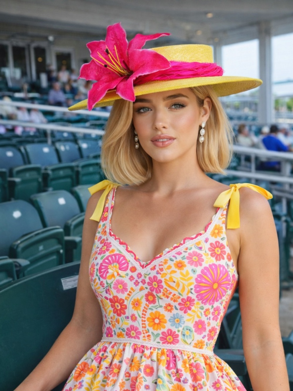 New Kentucky Derby Oaks Yellow Stargazer Pink Lily Wide Brim Boater Sinamay Hat